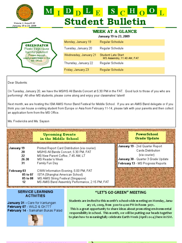 Middle School Weekly Bulletin: Events & Updates | PDF | Leisure
