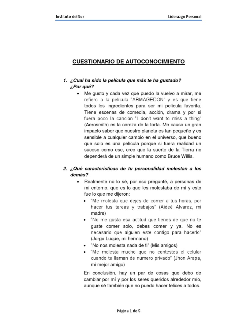 Cuestionario de Autoconocimiento Personal | PDF | Liderazgo | Felicidad