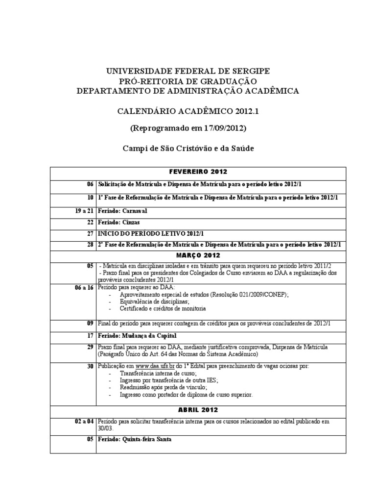 Calendário Academico UFS Descargar gratis PDF Diploma de bacharel
