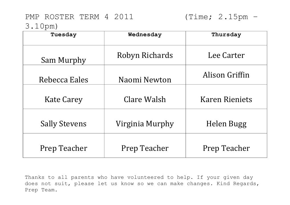 PMP Roster Term 4 2011 Schedule | PDF