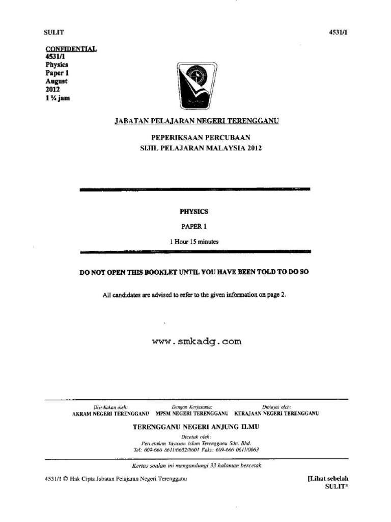 Trial Spm Trg 2012 Fizik K1 With Skema Pdf