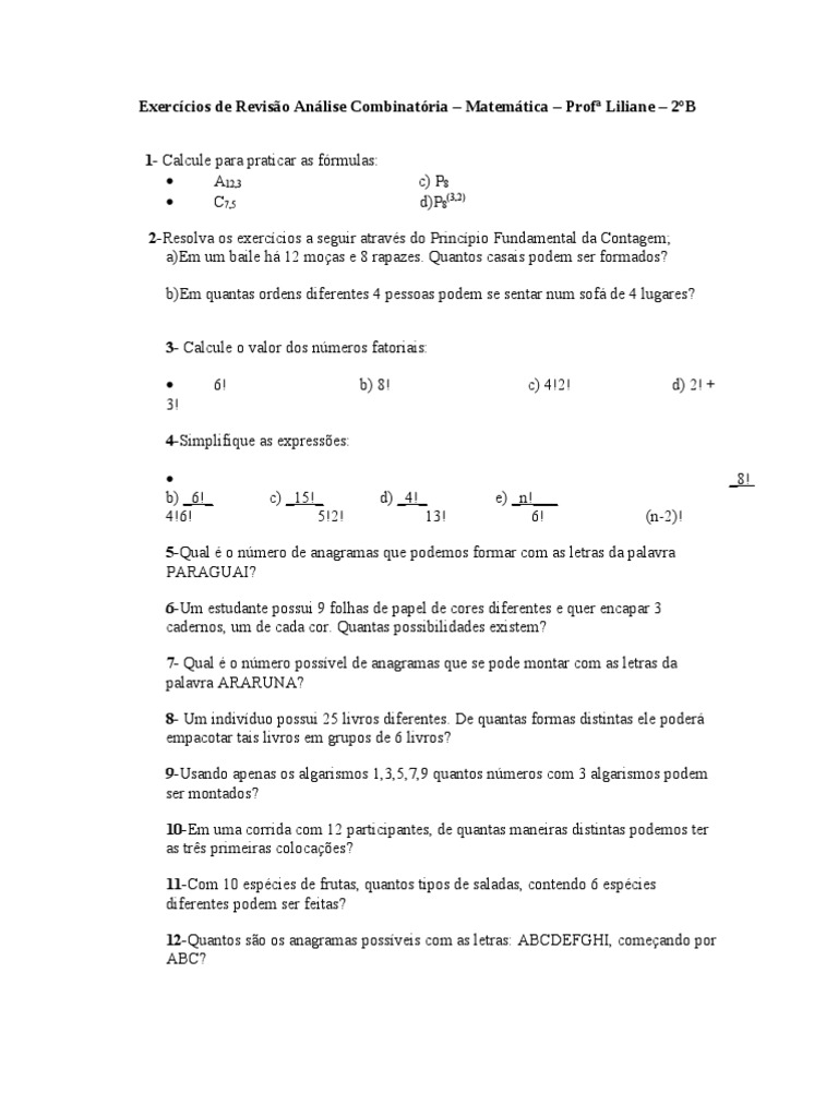 Exercícios de Revisão Análise Combinatória | PDF