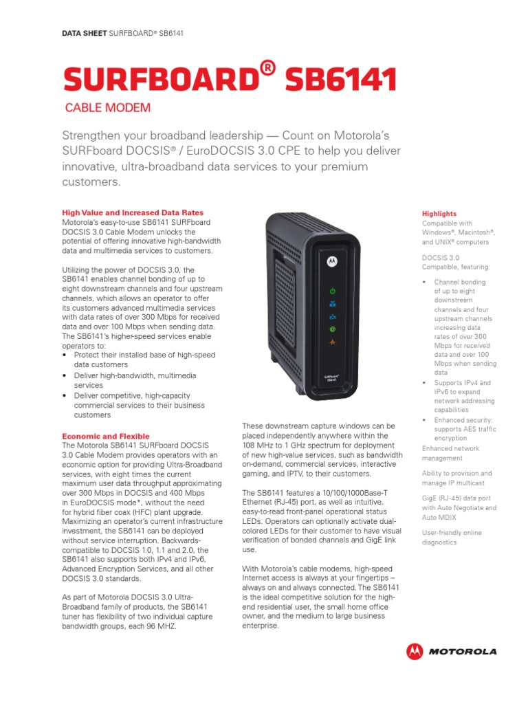 Motorola SURFboard SB6141 Cable Modem Data Sheet PDF Networks