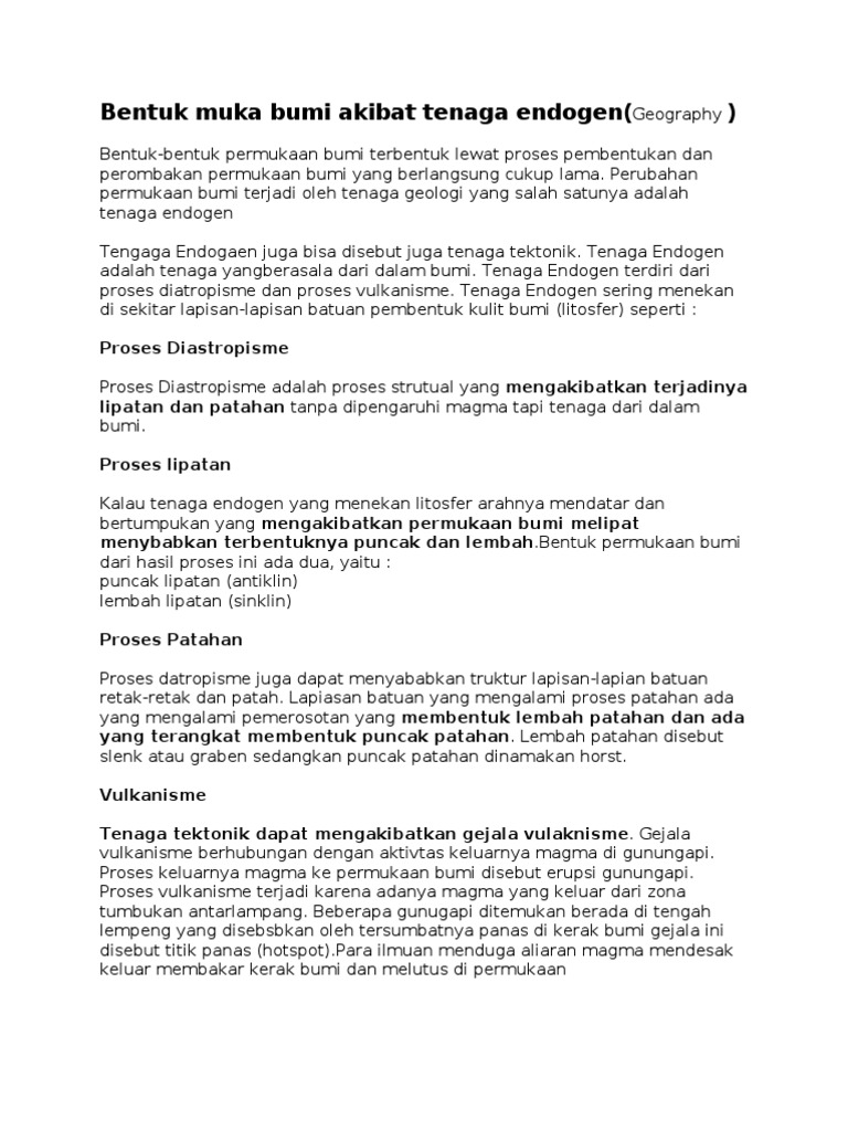 Bentuk Muka Bumi Akibat Tenaga Endogen