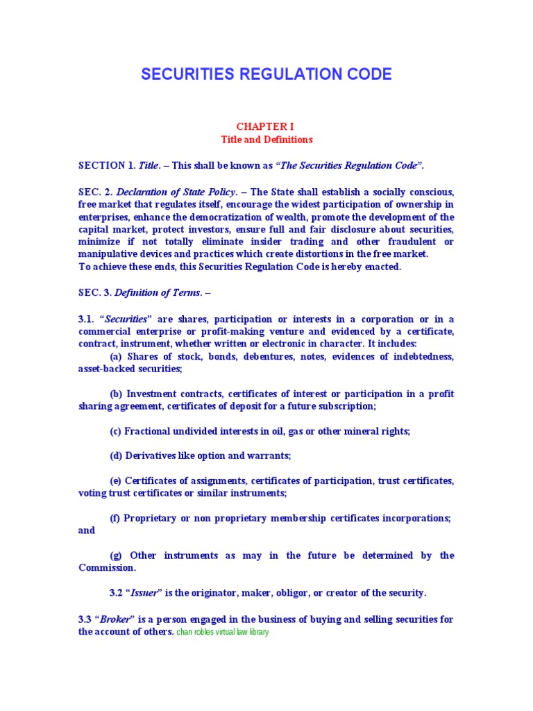 Securities Regulation Code: Title and Definitions | PDF | Securities ...