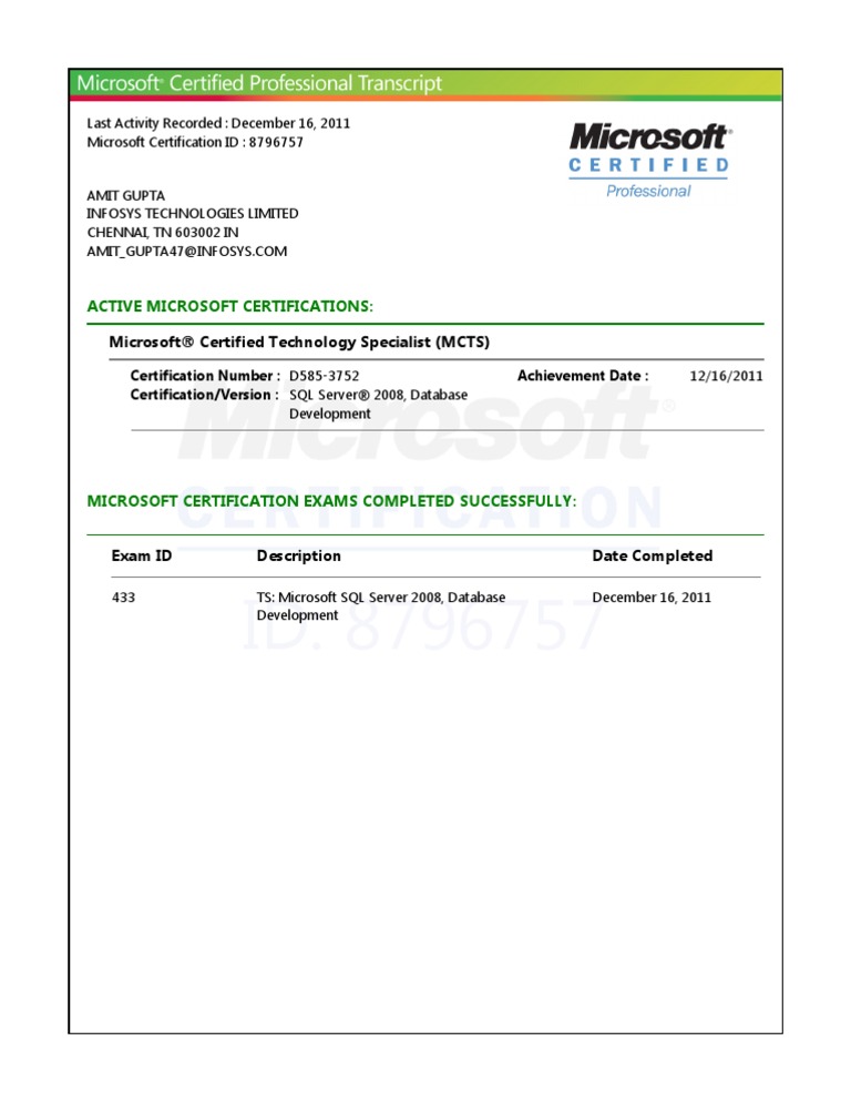MS Learning Transcript | PDF