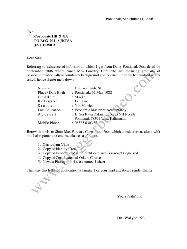 Surat Lamaran Pekerjaan Bahasa Inggris Finance And Accounting