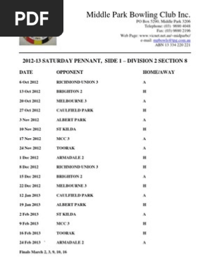 Current Pennant Draw Oct 2012