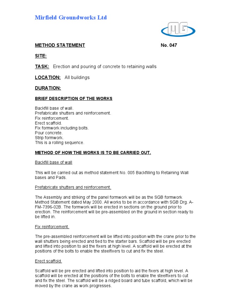 Concrete Retaining Wall Method Statement | PDF | Scaffolding | Concrete