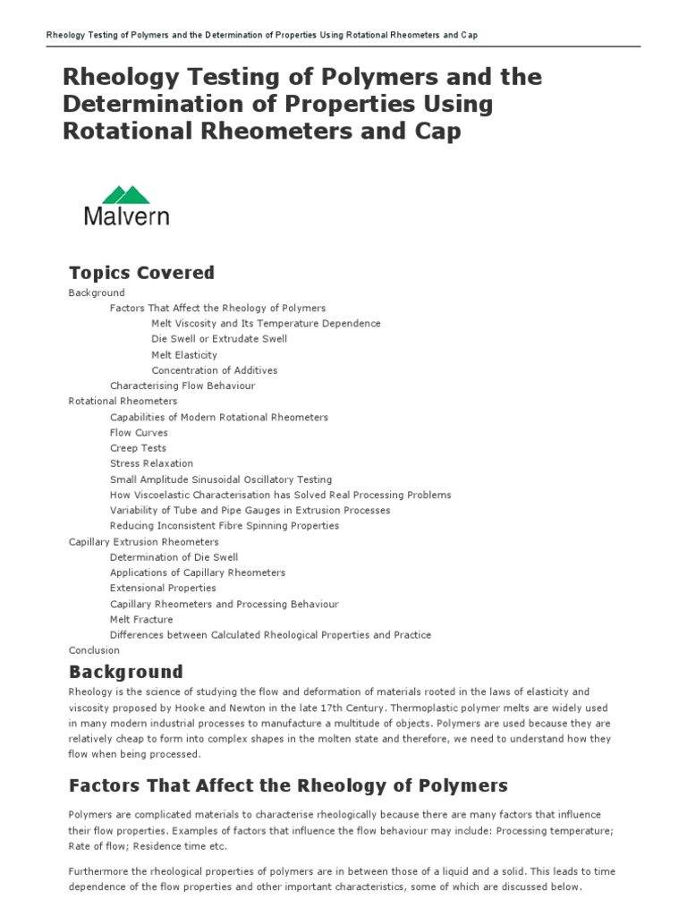 Polymer Rheology Testing Techniques | PDF | Rheology | Viscosity