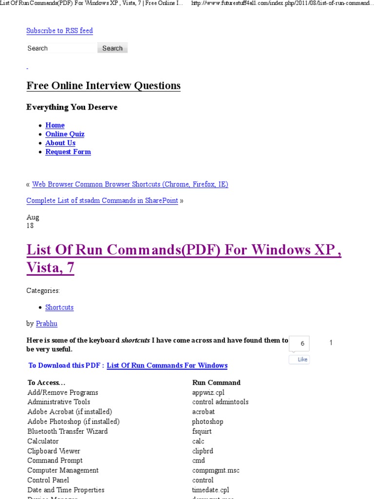 Windows XP Run Commands List PDF | PDF | Share Point | Microsoft Windows