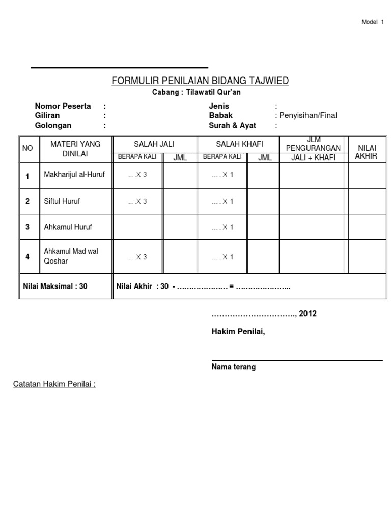 Format Penilaian Tahfidz Quran Mtq Guru Paud