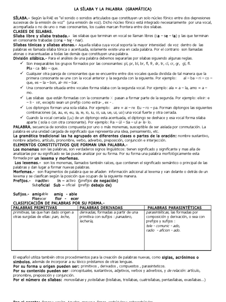 La Sílaba y la Palabra en Gramática | PDF | Palabra | Sílaba