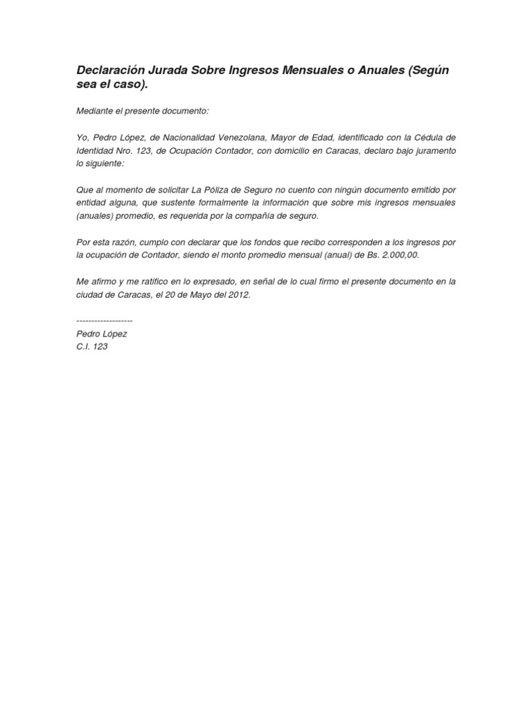 Declaración Jurada de Ingresos Mensuales | PDF