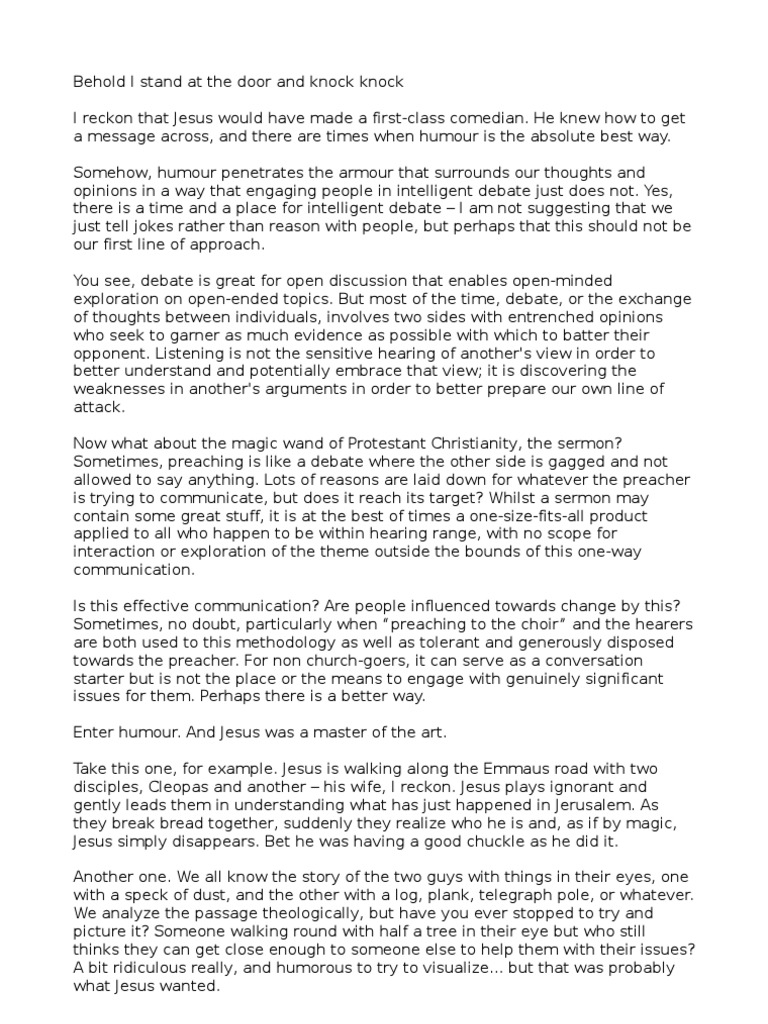 Behold I Stand at The Door and Knock Knock | PDF | Sermon | Humour