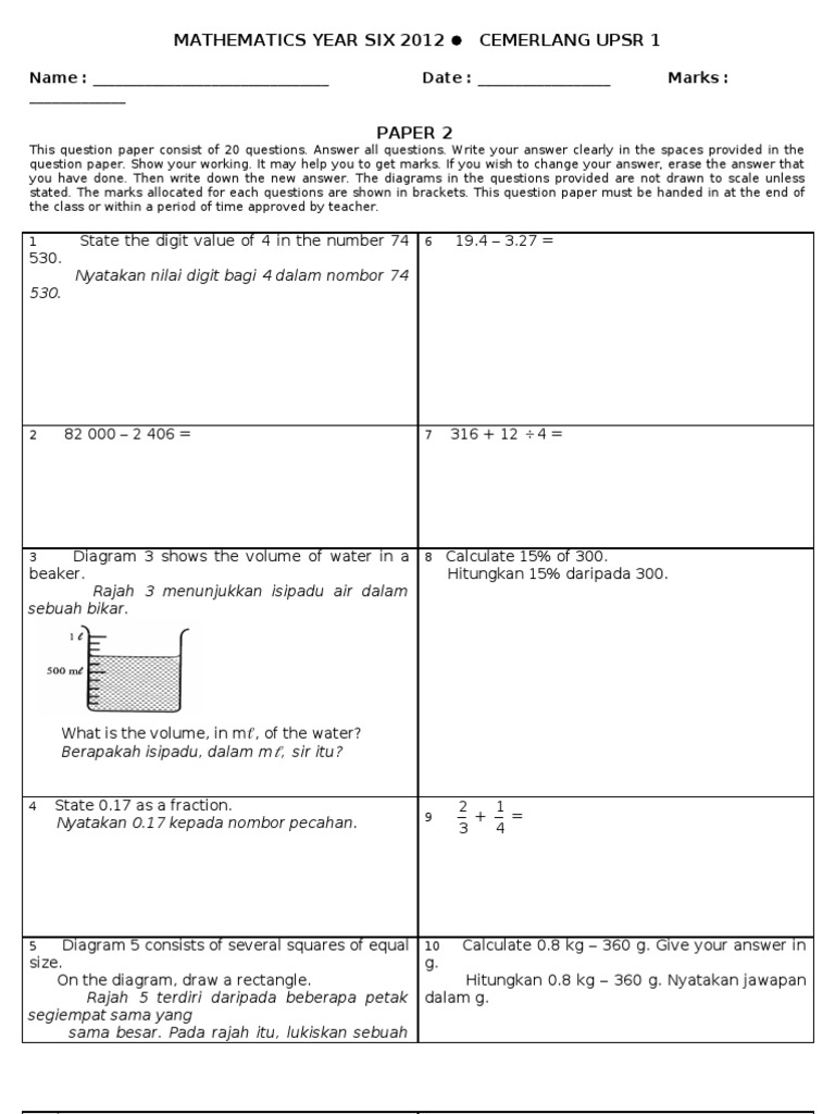 Soalan Matematik Tahun 6 Kertas 2 (Set 1) Physics & Mathematics