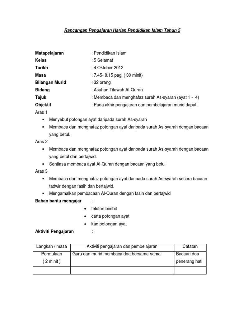 Rancangan Pengajaran Harian Pendidikan Islam Tahun 5 Pdf