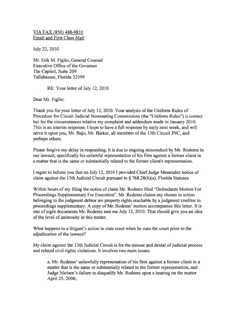 Letter To Rick Figlio, 13th Circuit Notice of Claim 768.28 Fla Stat