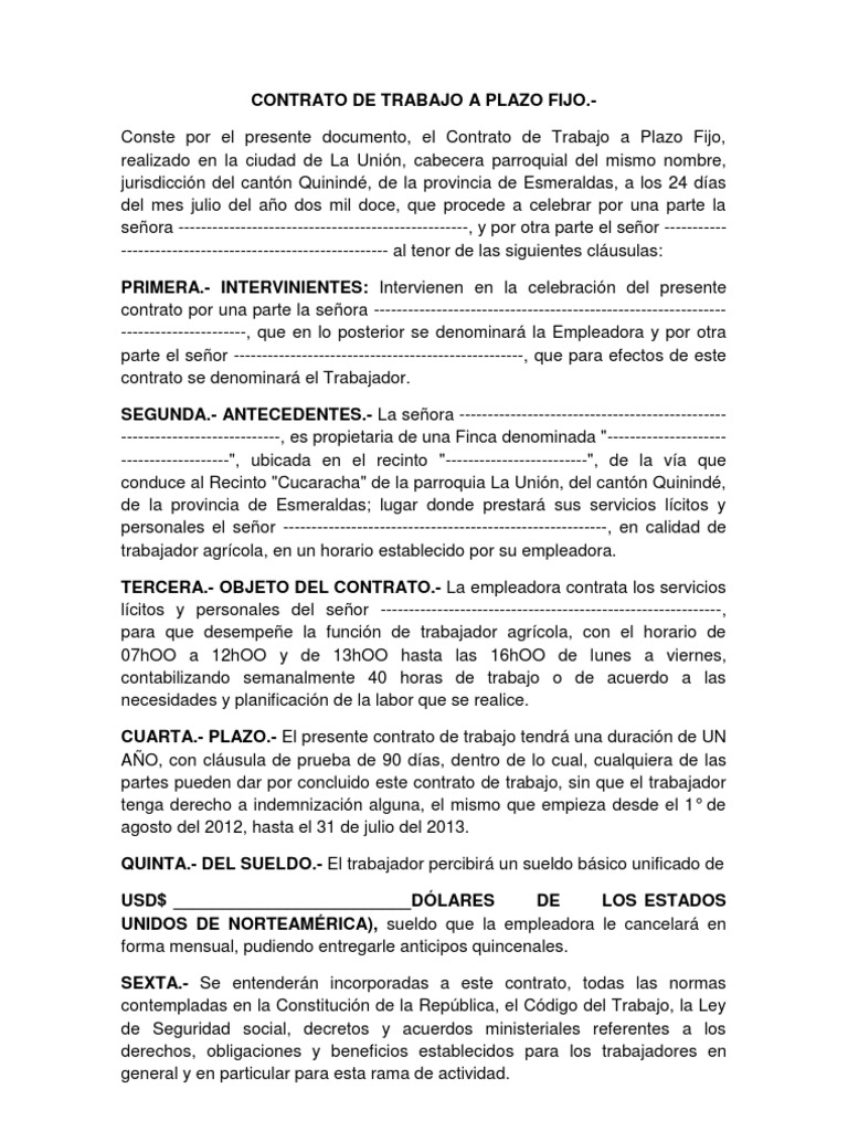 Contrato de Trabajo a Plazo Fijo Información del
