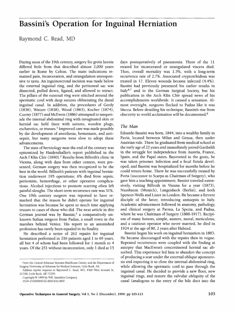 Bassini's Operation for Inguinal Herniation: Raymond C. Read, MD
