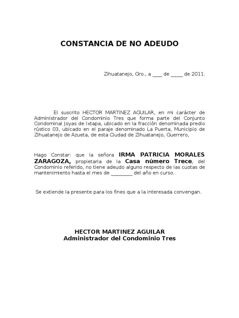 Formato Constancia de No Adeudo