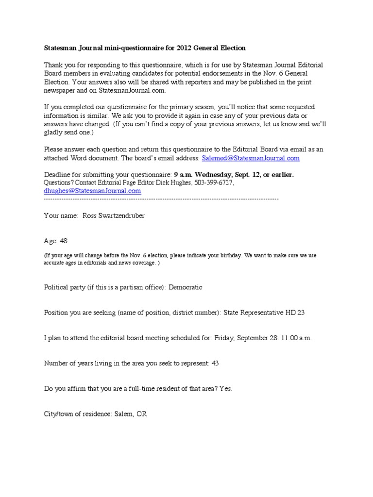 Ross Swartzendruber Questionnaire | PDF | Oregon | Question