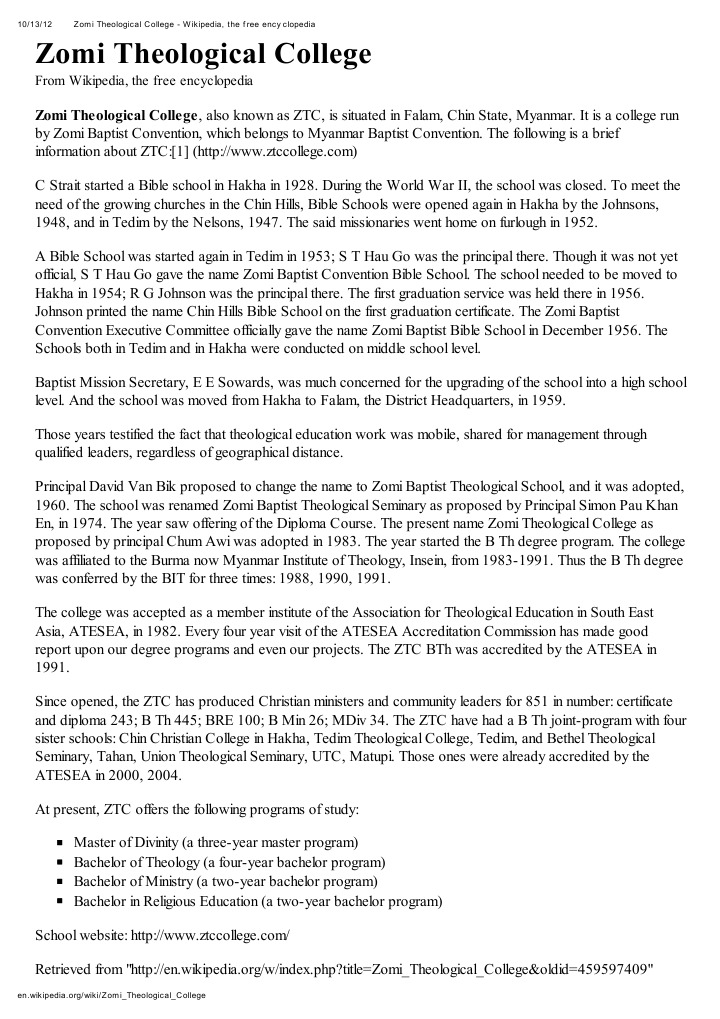 Zomi Theological College (ZTC) PDF Educational Stages Religious