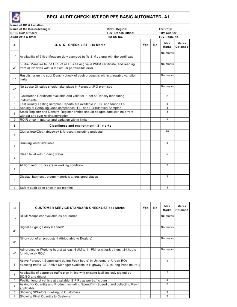 BPCL PFS TUV Audit Checklist060612 Calibration Audit
