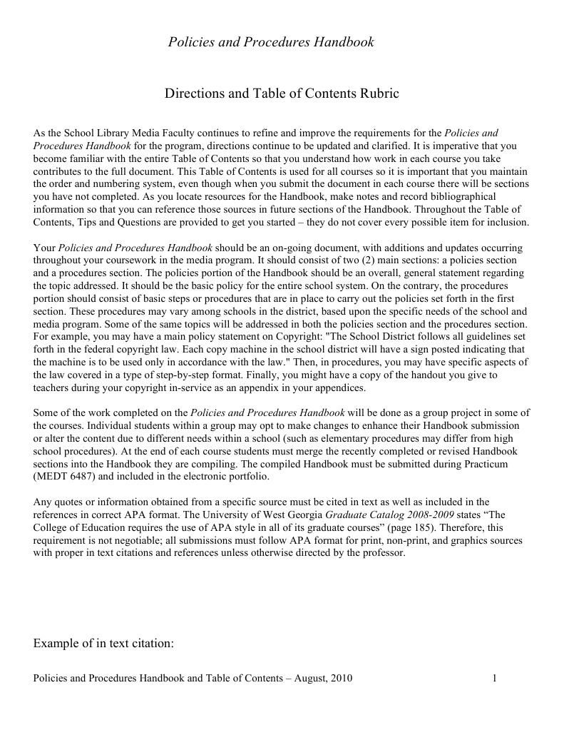 Directions and Table of Contents Rubric Policies and Procedures Handbook PDF Libraries