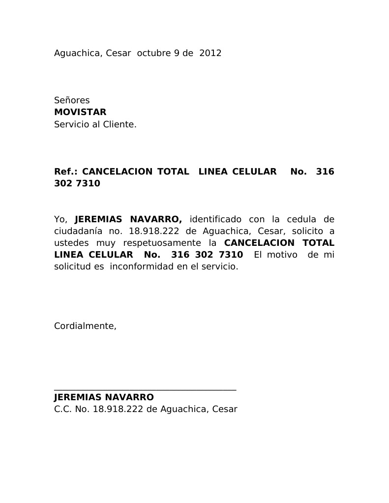 MODELO DE Carta Cancelacion Movistar.