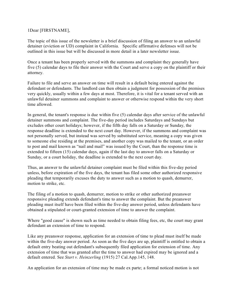 Answer To Unlawful Detainer Complaint in California PDF Pleading
