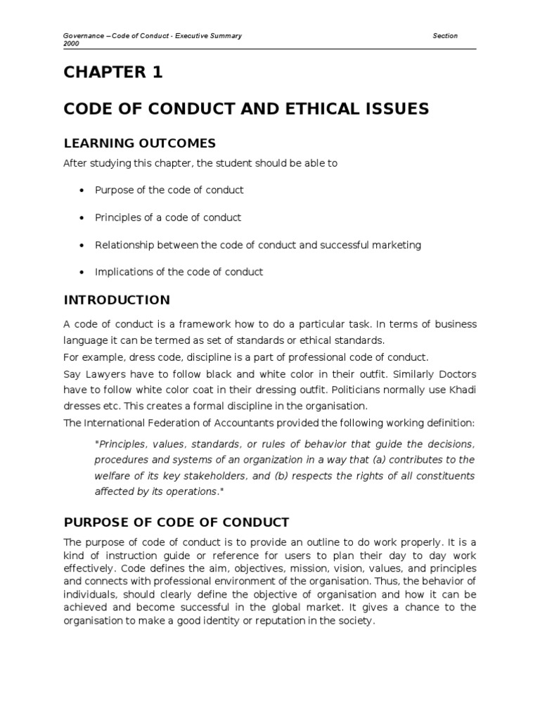 Code of Conduct and Ethical Issues: Learning Outcomes | PDF