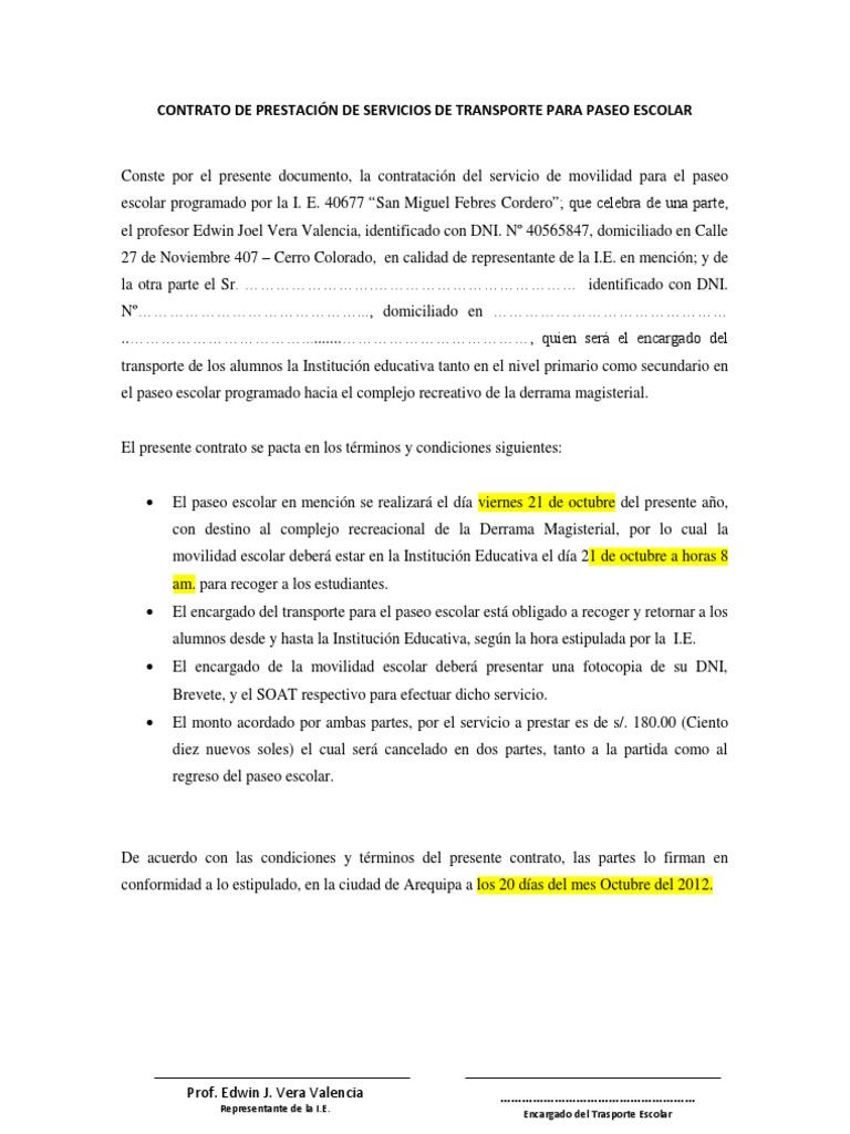 Contrato de Transporte para Paseo Escolar | PDF