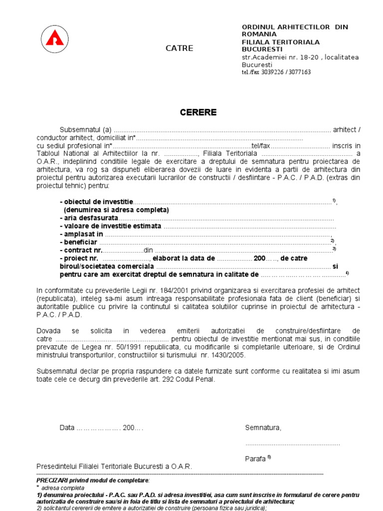 Cerere Tip OAR Bucuresti | PDF
