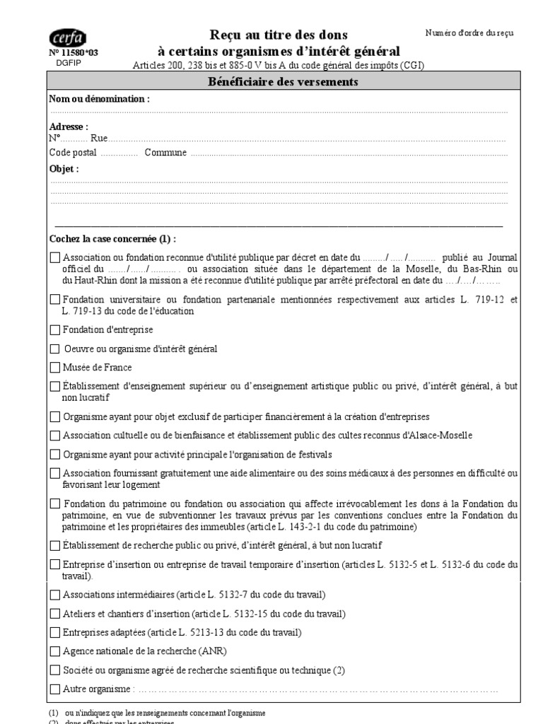 Cerfa 1158003 modèle reçu de dons pour association  Fondation (Non