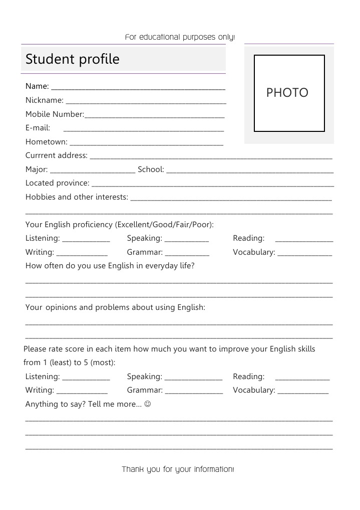 ESL Student Profile Template | PDF