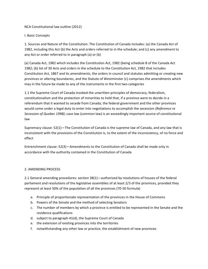 NCA Canadian Constitutional Law Outline Constitution Politics Of Canada