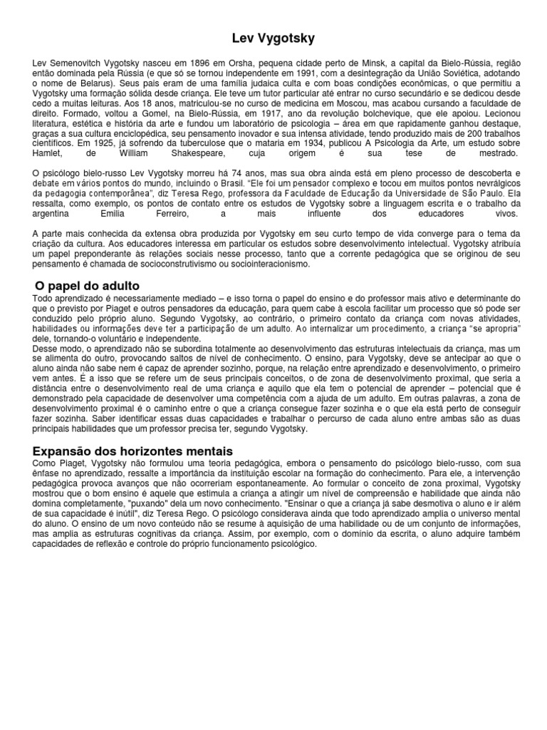 Biografia e Teorias de Lev Vygotsky | PDF | Pedagogia | Aprendizado