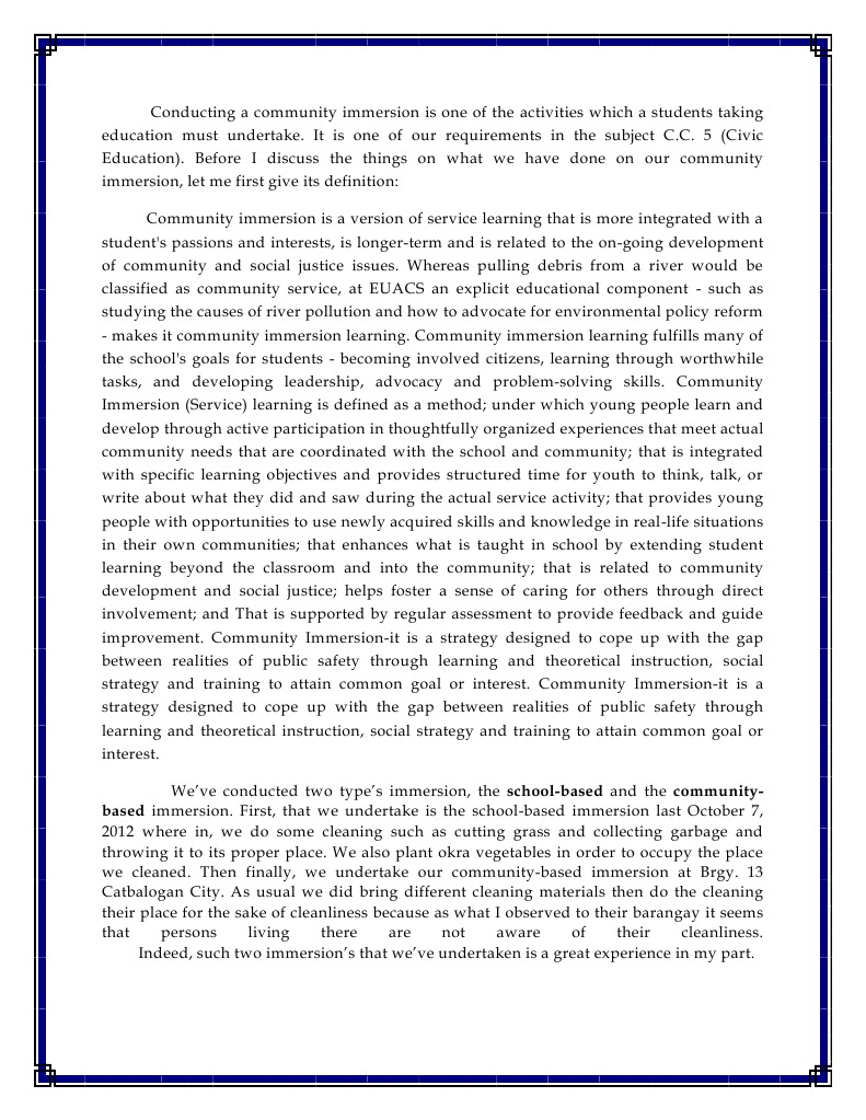 Conducting a Community Immersion is One of the Activity Which a Students Taking Education Must