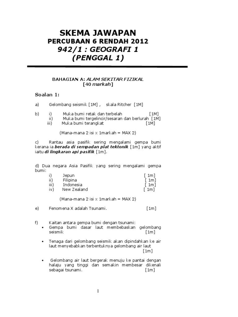 Peperiksaan Percubaan Stpm Baharu Sesi 2012 2013 Skema Geografi Penggal 1 Pdf