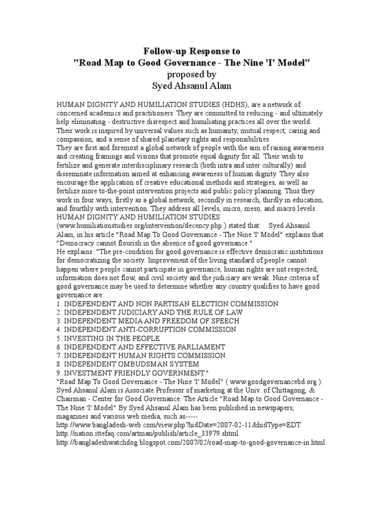 Follow-Up Response To Road Map To Good Governance - The Nine 'I' Model ...