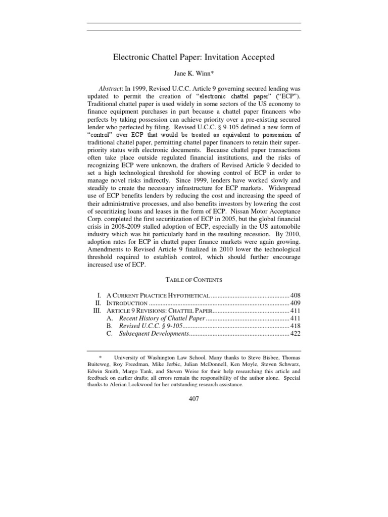 Electronic Chattel PaperInvitation Accepted Uniform Commercial Code