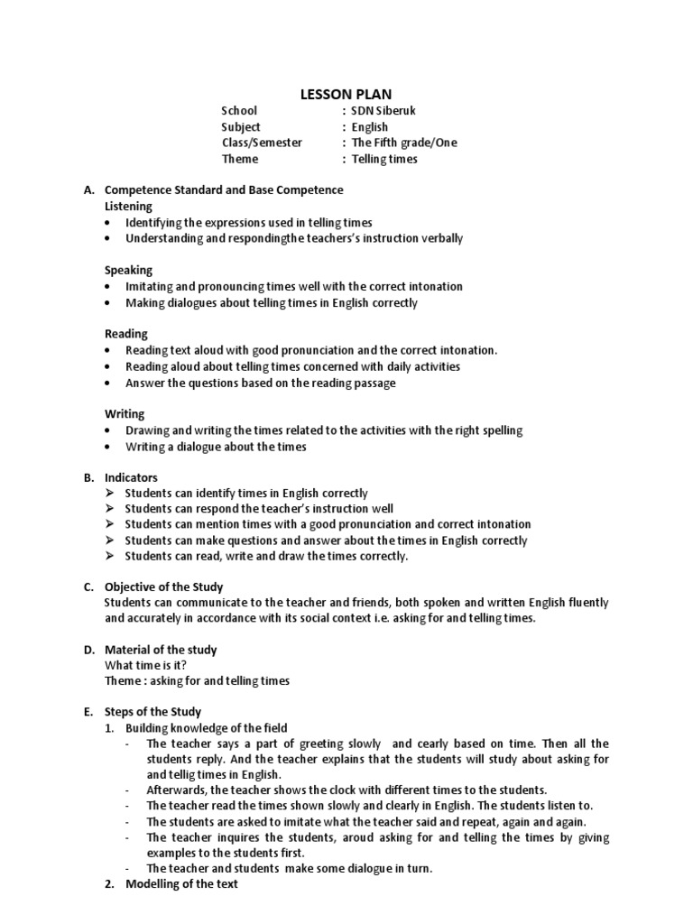 Lesson Plan Tema Telling Times | PDF | English Language | Behavior ...