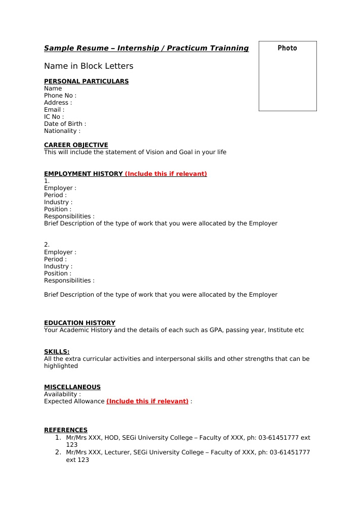 Name in Block Letters: Sample Resume - Internship / Practicum Trainning ...