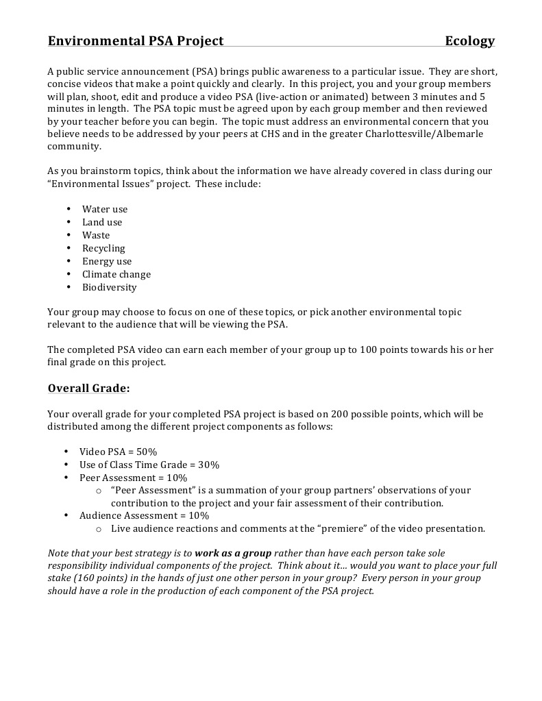 Environmental PSA Video Project | PDF | Educational Assessment ...