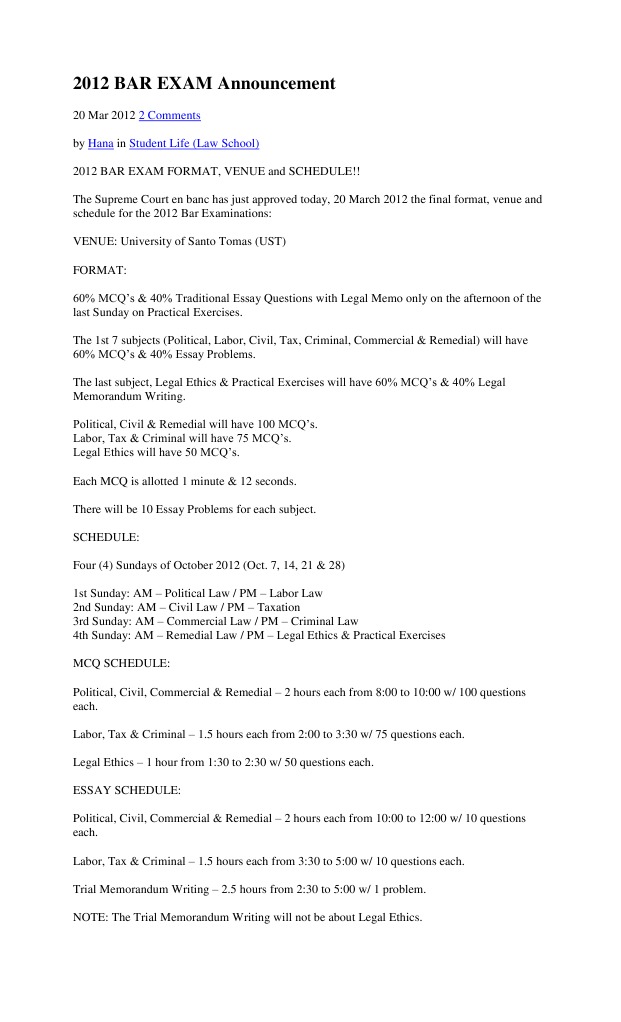 2012 Bar Exam Format and Schedule | PDF | Government | Justice