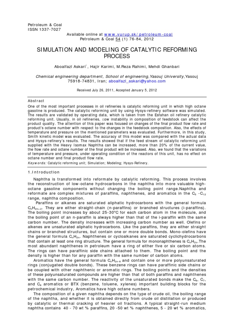 Simulation and Modeling of Catalytic Reforming | PDF
