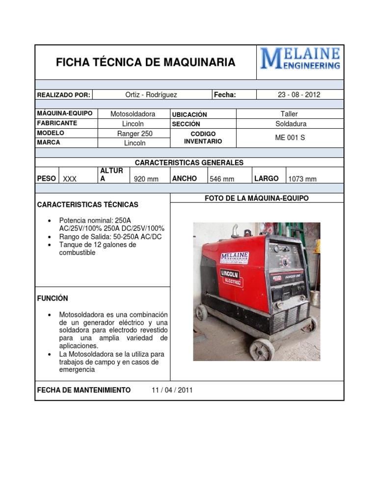FICHA TÉCNICA DE MAQUINARIA