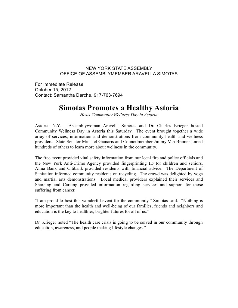 Simotas Promotes A Healthy Astoria | PDF | Wellness | Medical
