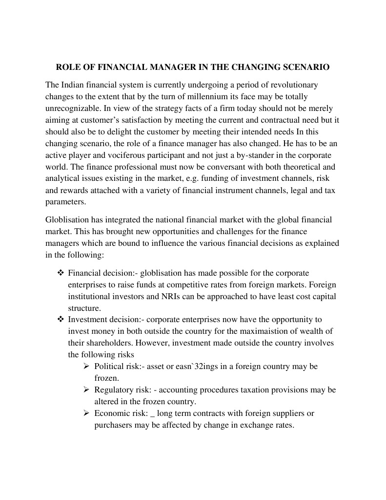 Role Of Financial Manager In The Changing Scenario Mergers And Acquisitions Business